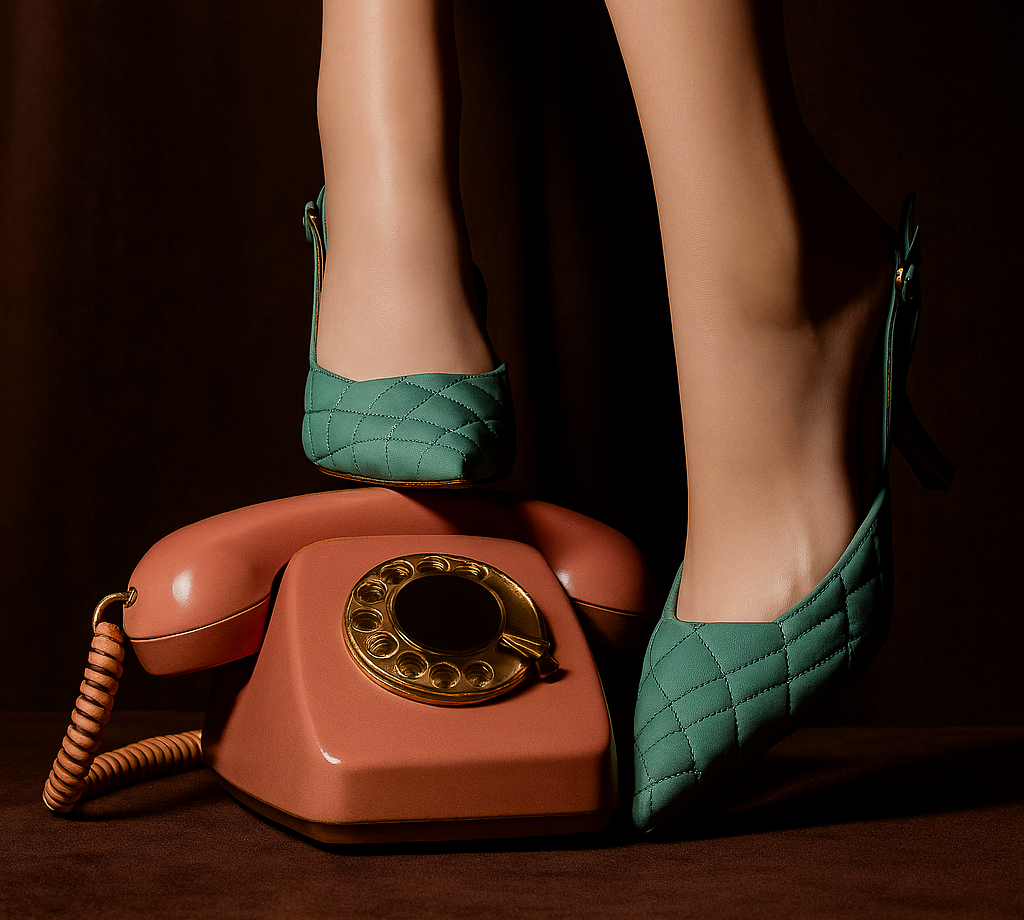 legs wearing vintage heels standing on an old rotary phone
