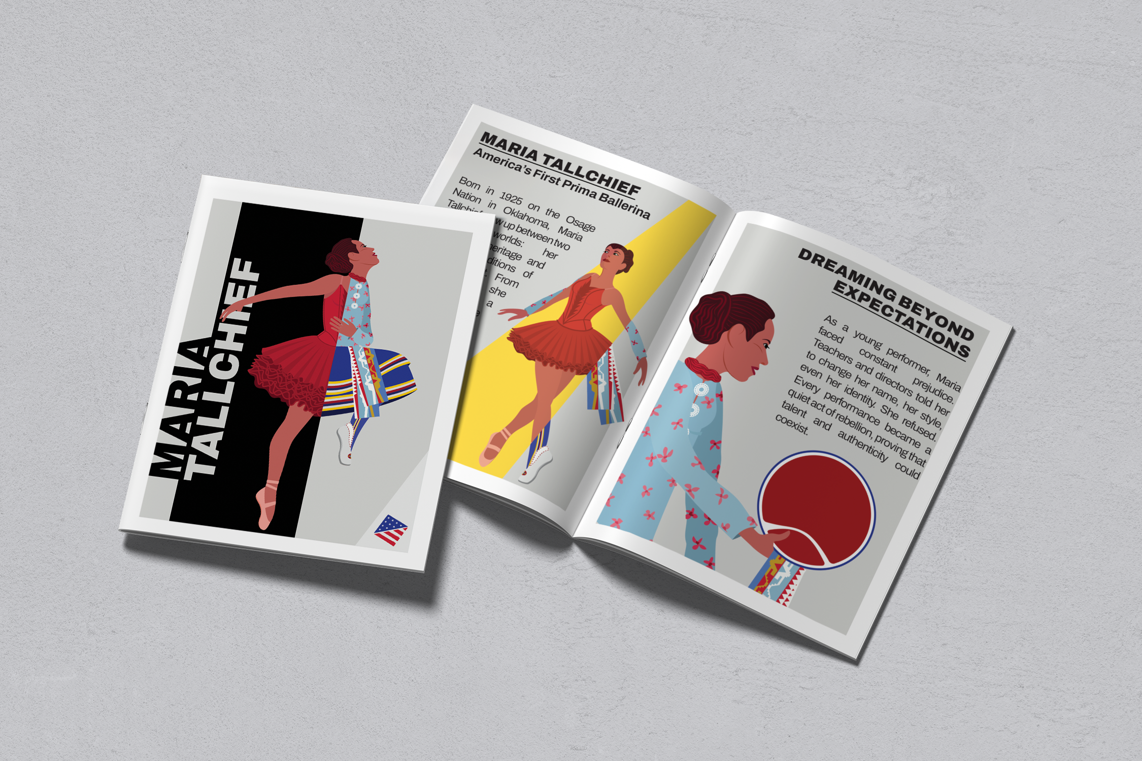 illustrations of maria tallchief in a printed zine containing content about maria tallchief