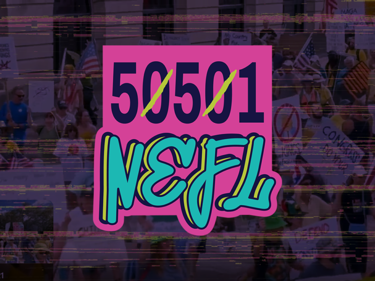 50501 nefl pink logo, blue bg, glitches and protesters