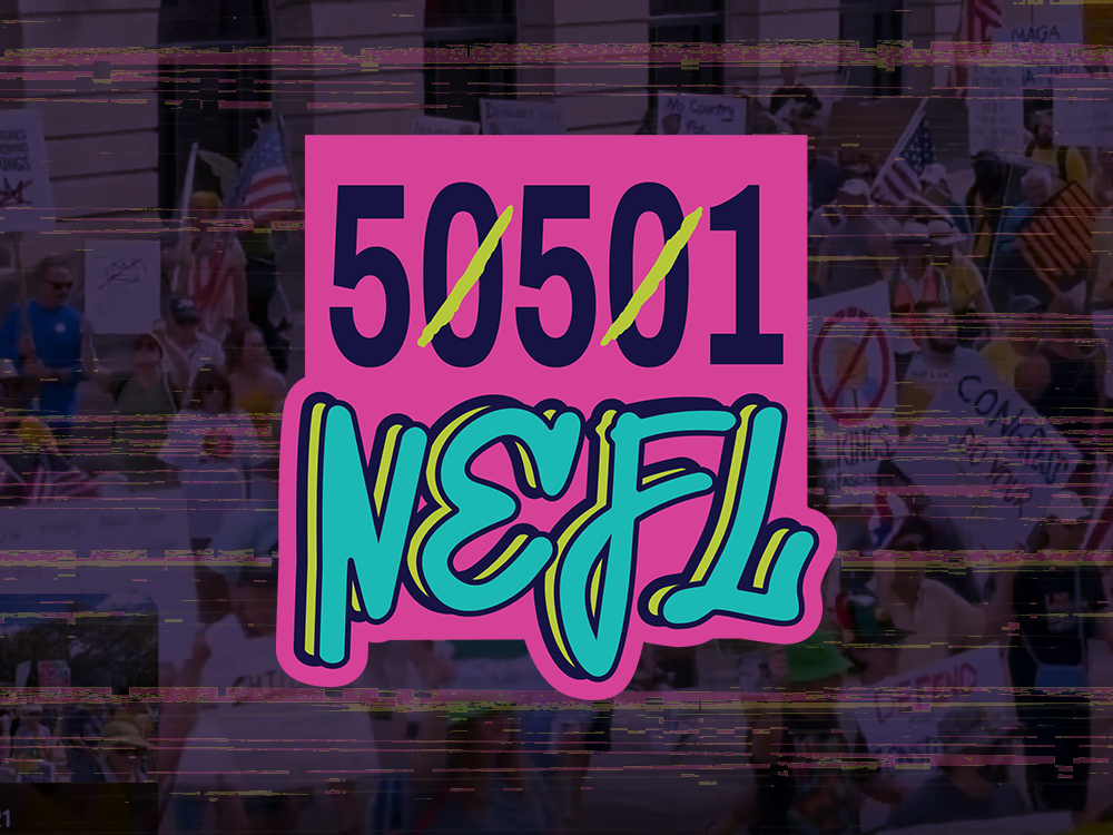 50501 nefl pink logo, blue bg, glitches and protesters