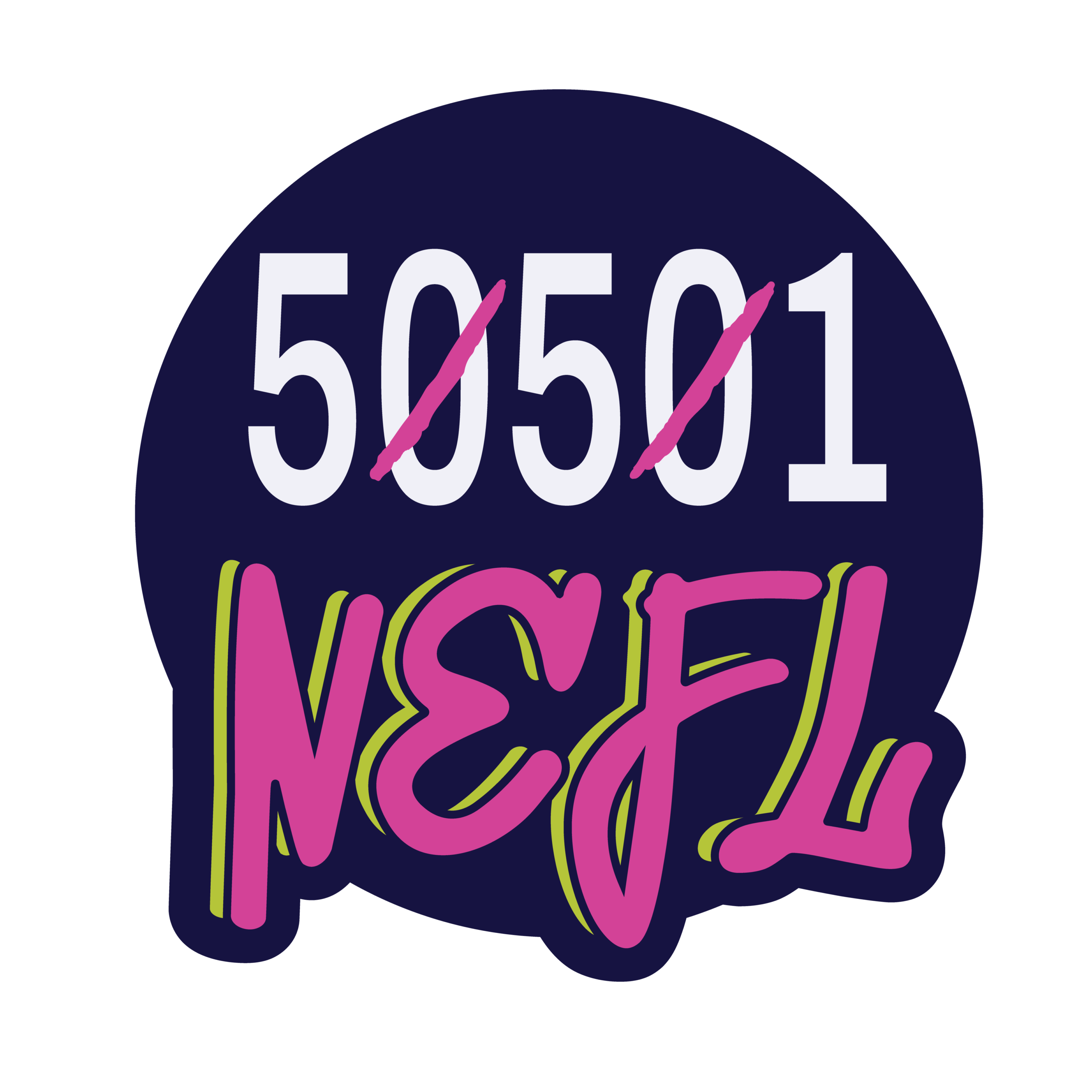 circle logo, dark, pink letters