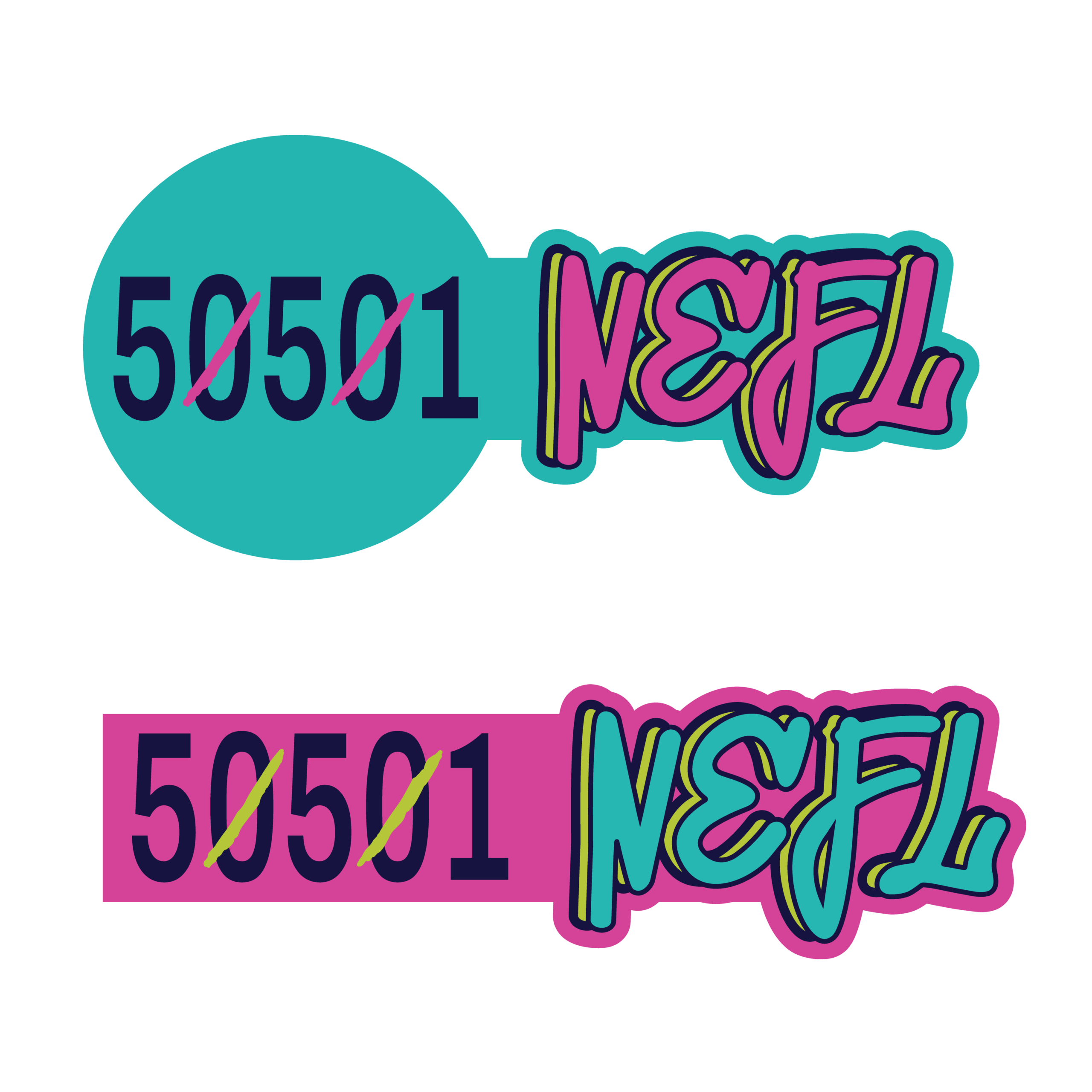 horizontal logos, circle teal, square pink
